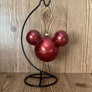NWOT Disney Parks Mickey Mouse Icon Ears Red Glitter Glass Ornament